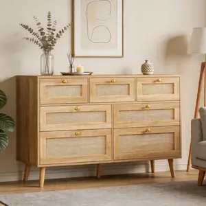 47" Rattan Dresser for Bedroom 7 Drawer Farmhouse Style with Deep Wood Drawers Clothes Storage Cabinet for Living Room & Bedroom French Country Design