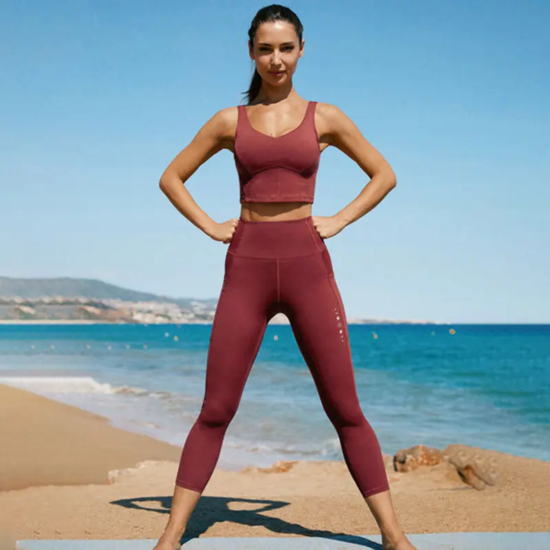 BERLOOK Dark Red  yoga outdoor sports fitness running fashion sports dress Cami Top & Pocket Leggings 25” Activewear