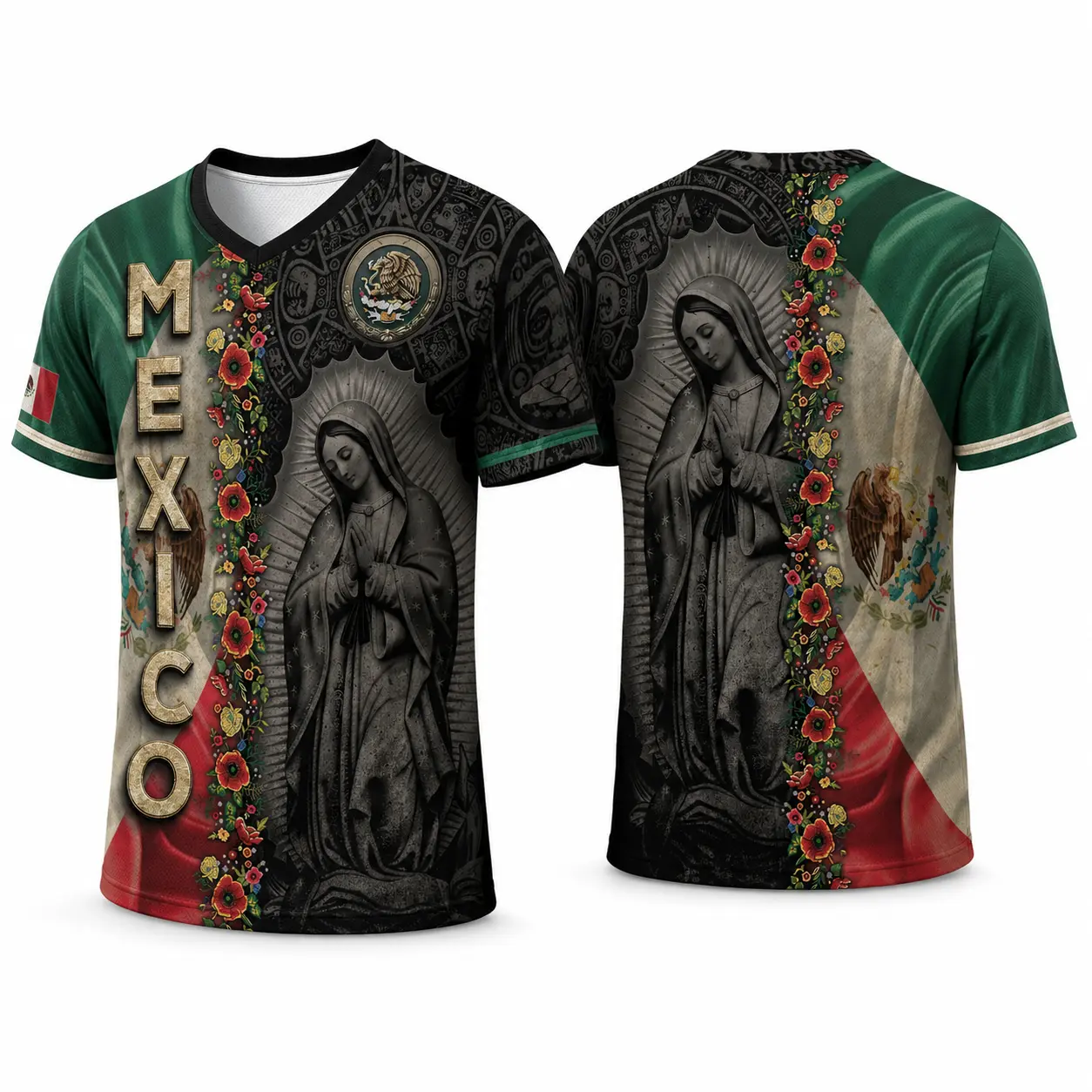 Men's Our Lady of Guadalupe Cultural V-Neck Menswear Apparel, Breathable Shortsleeve Polyester Mesh Sports Top, Sporty Mexico Floral Graphic Casual Wear, Classic, Tshirt tiktokshopbacktoschool, Fabric, Tops, Breathable Mesh, Clothes, Male, Cold Machine Wa