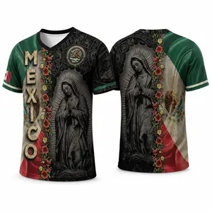 Men's Our Lady of Guadalupe V-Neck Graphic Shirt, Breathable Polyester Mesh Short Sleeve Top with All-Over Print for Cultural Wear, Men's Wear, Shirts
