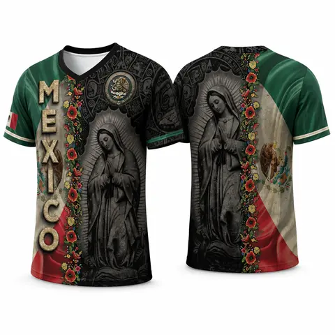Men's Classic Athletic Apparel - Sporty V-Neck Short-Sleeve Relaxed Fit Tshirt, All-Over Our Lady of Guadalupe Floral Graphic Print, Breathable Polyester Mesh Fabric, Casual Sportswear for Cultural Pride, Cold-Wash Top