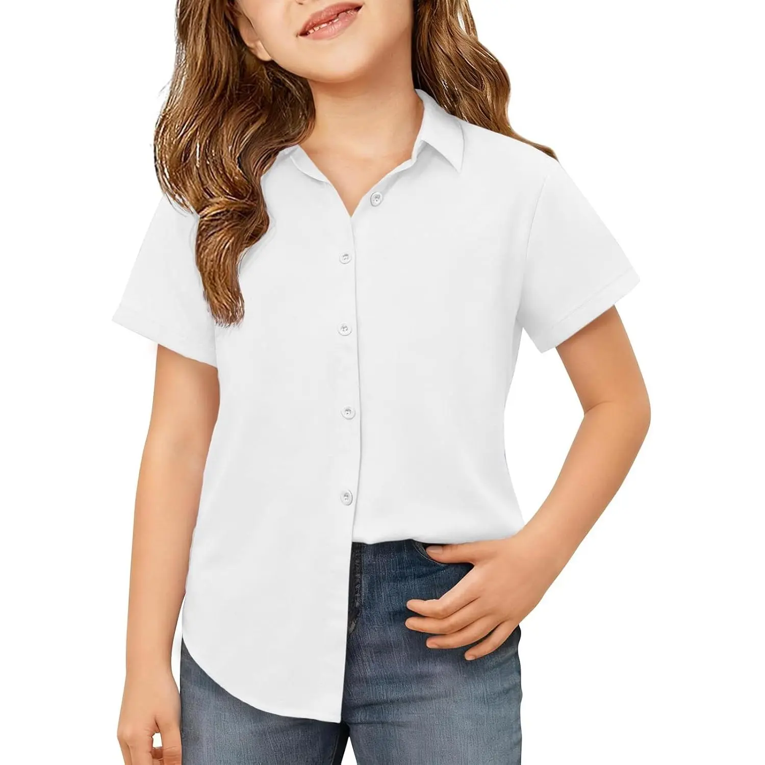 ZDC Girls Button Down Shirts Kids Summer Short Sleeve Dress Shirts School Uniform Blouse 5-14 Years