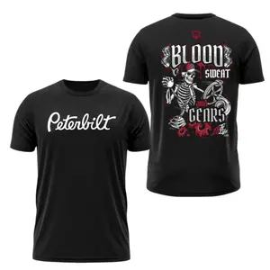 Peterbilt T-shirt, double-sided design featuring a skull and steering wheel, perfect for truck enthusiasts, comfortable black T-shirt for men