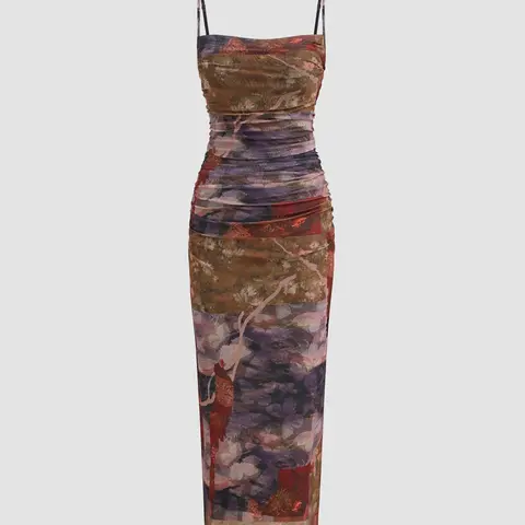 Vintage Floral Ruched Strap Sleeveless Summer Formal Dress, Fit Slim Womenswear, Vintage Elegant Dress