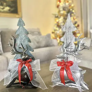 Rustic Christmas Deer Decor Holiday Seasonal Centerpiece Wooden Pine Tree Winter Table Display Reindeer Vintage-Inspired Home Decoration