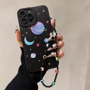 Outer Space Pattern Phone Case Cover with Lanyard, Soft Phone Case with Beaded Chain, Phone Accessories Compatible with iPhone 11 12 13 14 15 16 Series