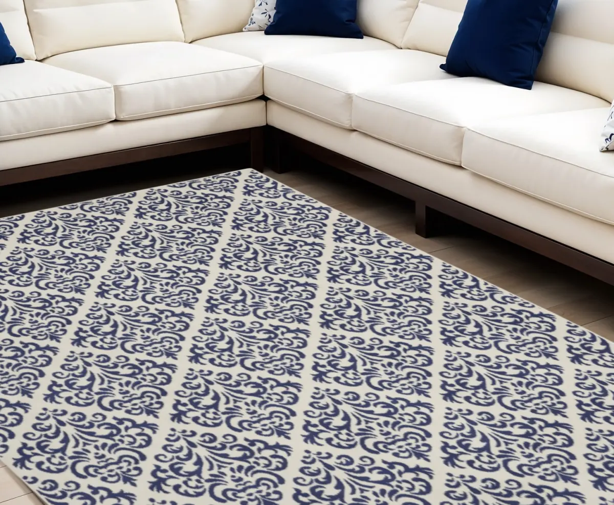 212 MAIN Machine-Made Polypropylene Area Rug, 6x9 ft Power-Loomed Damask Print Rectangle, Blue & White Transitional Rug for Living Room Decor, Polypropylene Rug
