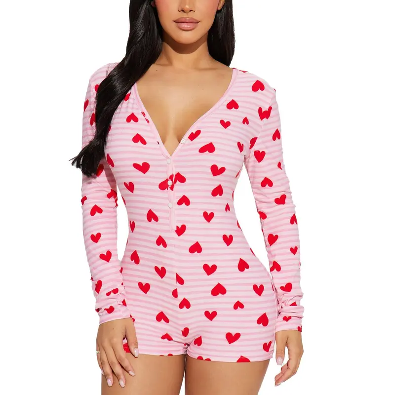 Valentine's Day Romper for Women Y2k Heart V-Neck Shorts Jumpsuit  Bodysuit Pjs Galentine Onesie Pyjama