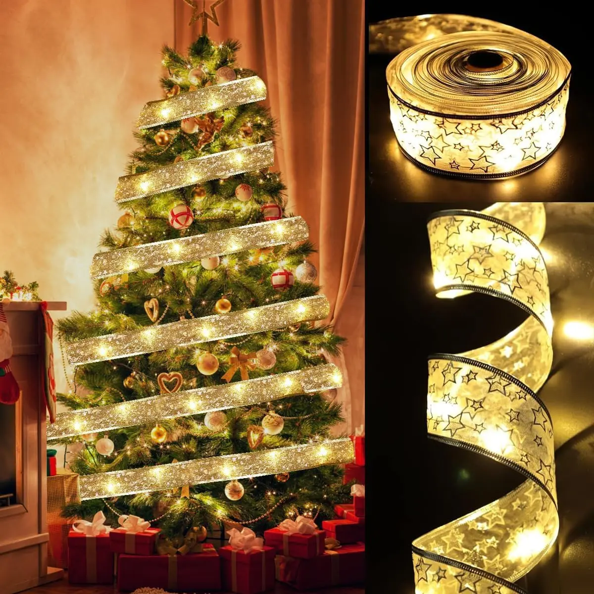 Ribbon Lights for Christmas Tree Decorations, 2Inch x 33Ft 100 LED Lights Gold Edge Wired Ribbon Fairy Lights for Xmas Tree Wedding Birthday Party Home Holiday Decor