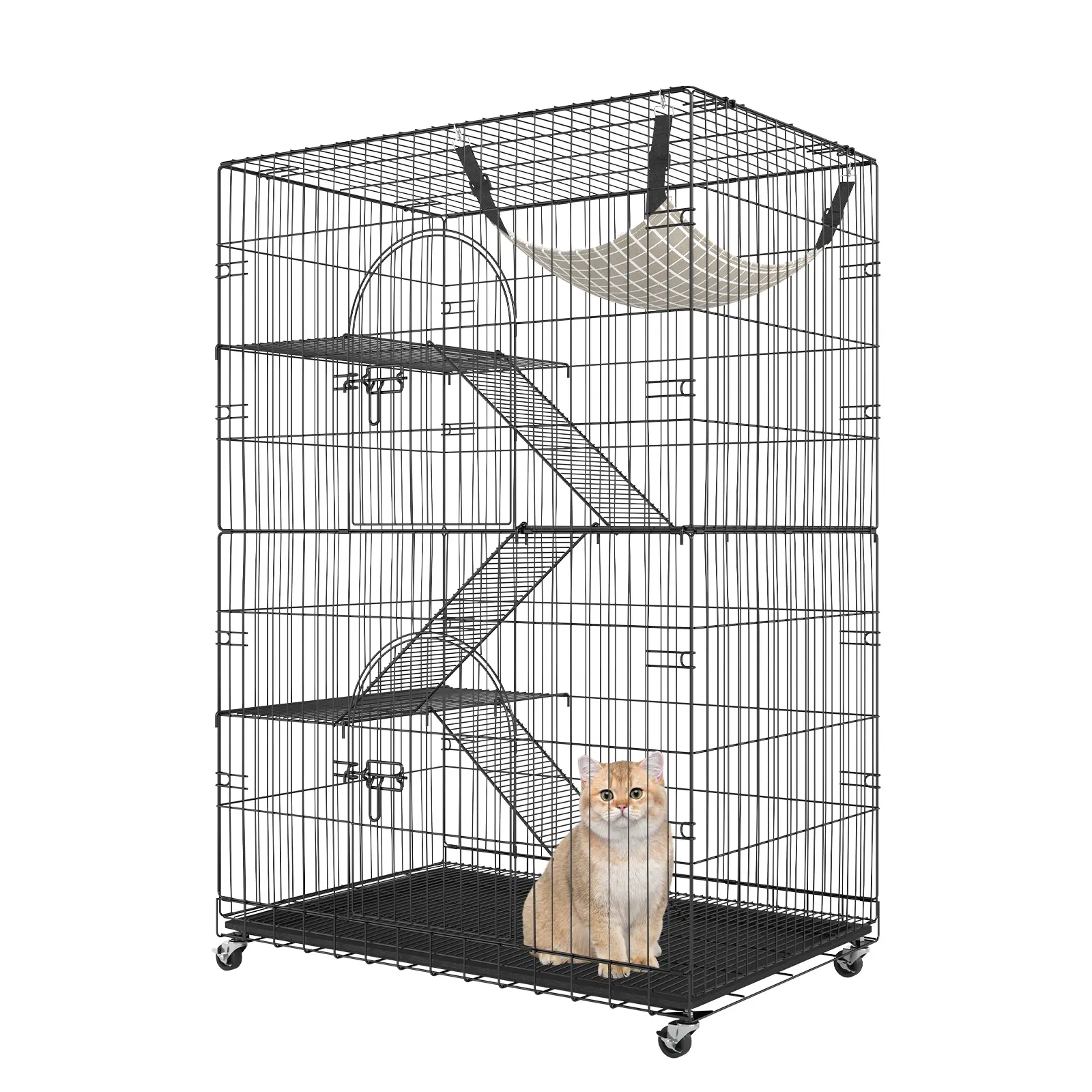 Spring new arrivals Catio, 4-Tier Large Cat Cages Indoor, Detachable Metal Playpen Enclosure with 360 °   Rotating Casters, with 3 Ladders and a Hammock for 1-3 Cats, 35.4x23.6x51 inch