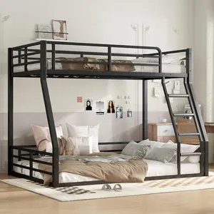 Twin Over Full Metal Bunk Bed, Heavy Duty Floor Bunk Beds Frame with Full-Length Guardrails & Noise-Reduced Design  No Box Spring Needed, Black