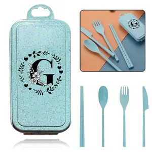 Initial Name Letter Pattern Tableware Set, 4 Counts/set Including Fork, Spoon, Knife, Chopsticks & Storage Box, Reusable Cutlery Set for Home Kitchen Dining Room, Dinnerware Service Set