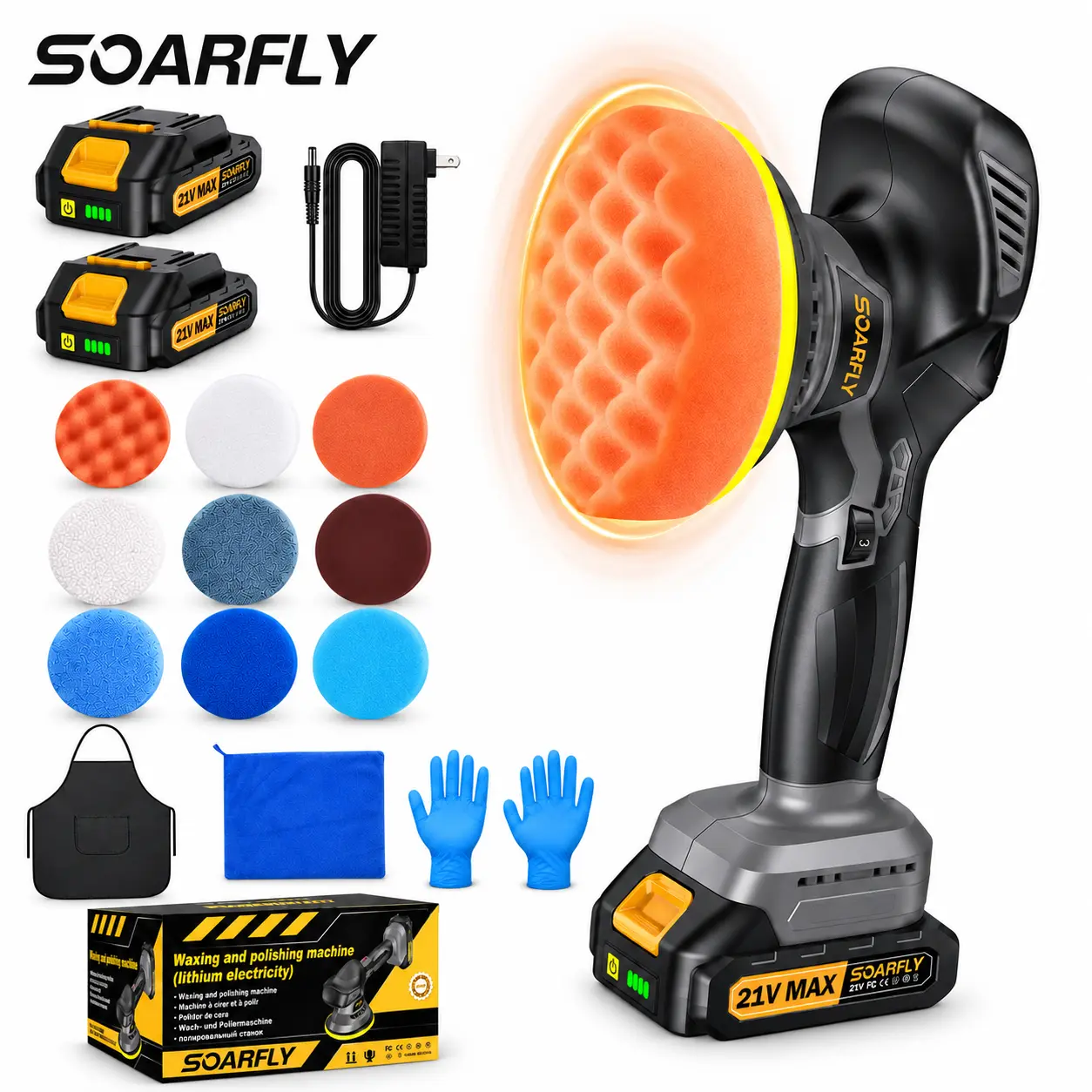 【5500RPM + 2 Batteries】 SOARFLY Cordless Car Buffer Polisher, 6-Inch 9mm Random Orbital Polisher Kit for Car Detailing, Waxing, Buffing & Polishing, 12V/21V Options