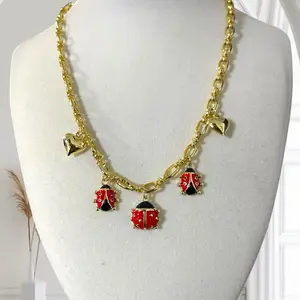 Ladybug Charm Necklace Gold Plated Adjustable with Enamel Red and Black Bugs for Women