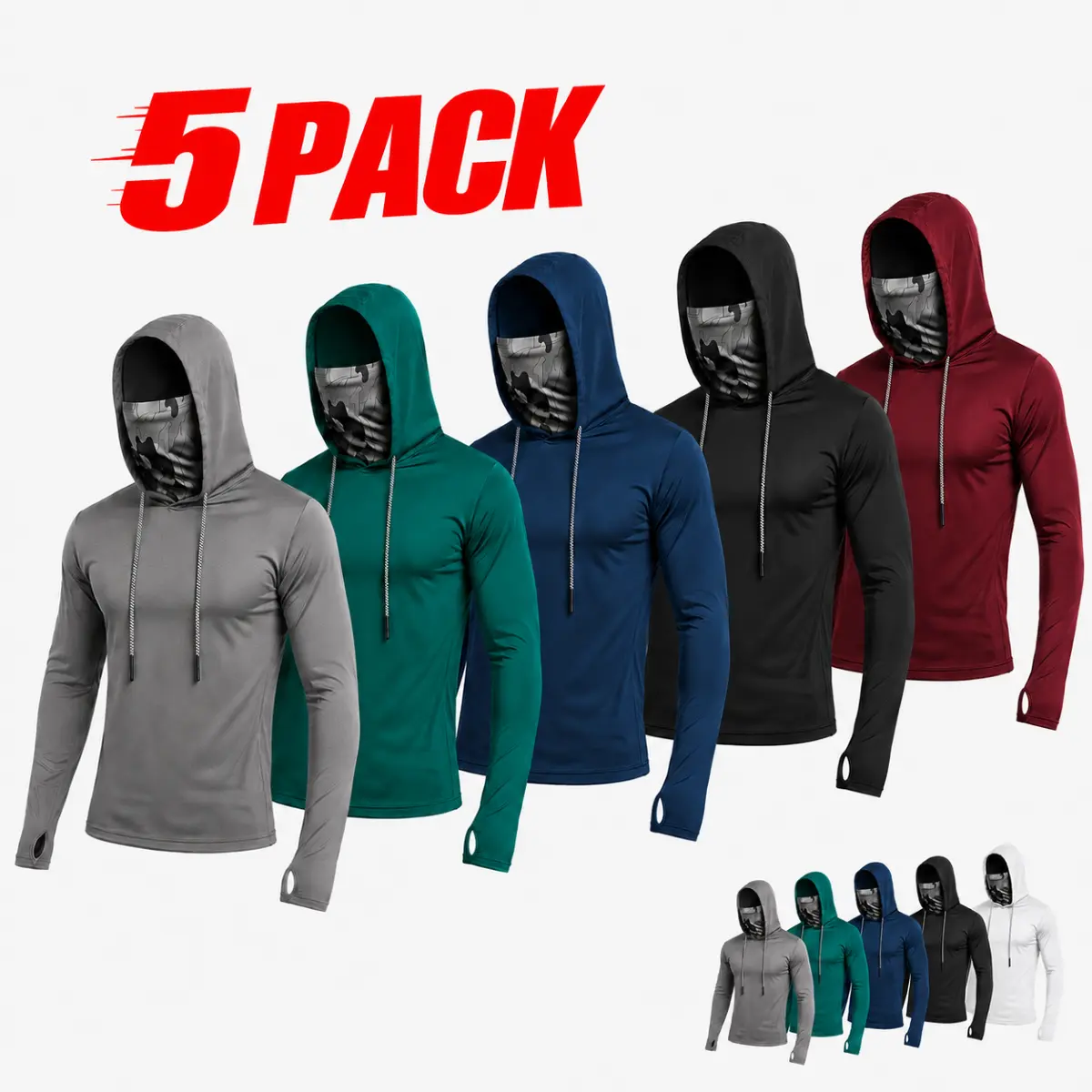 Men’s 5-Pack UPF 50+ Sun Protection Hoodies with Face Cover & Thumb Holes, Lightweight Quick-Dry Cooling Long Sleeve Fishing Shirts, Breathable Moisture-Wicking UV Protection Tops for Hiking, Running, Workout, Beach & Outdoor Work