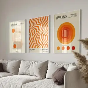 Full Set 3PCS Frameless Abstract Orange Bauhaus Posters Canvas Painting Minimalist Modern Geometric Wall Art Exhibition Home Decor