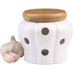 Garlic Keeper for Counter, White Ventilated Ceramic Garlic Storage Container with Bamboo Lid
