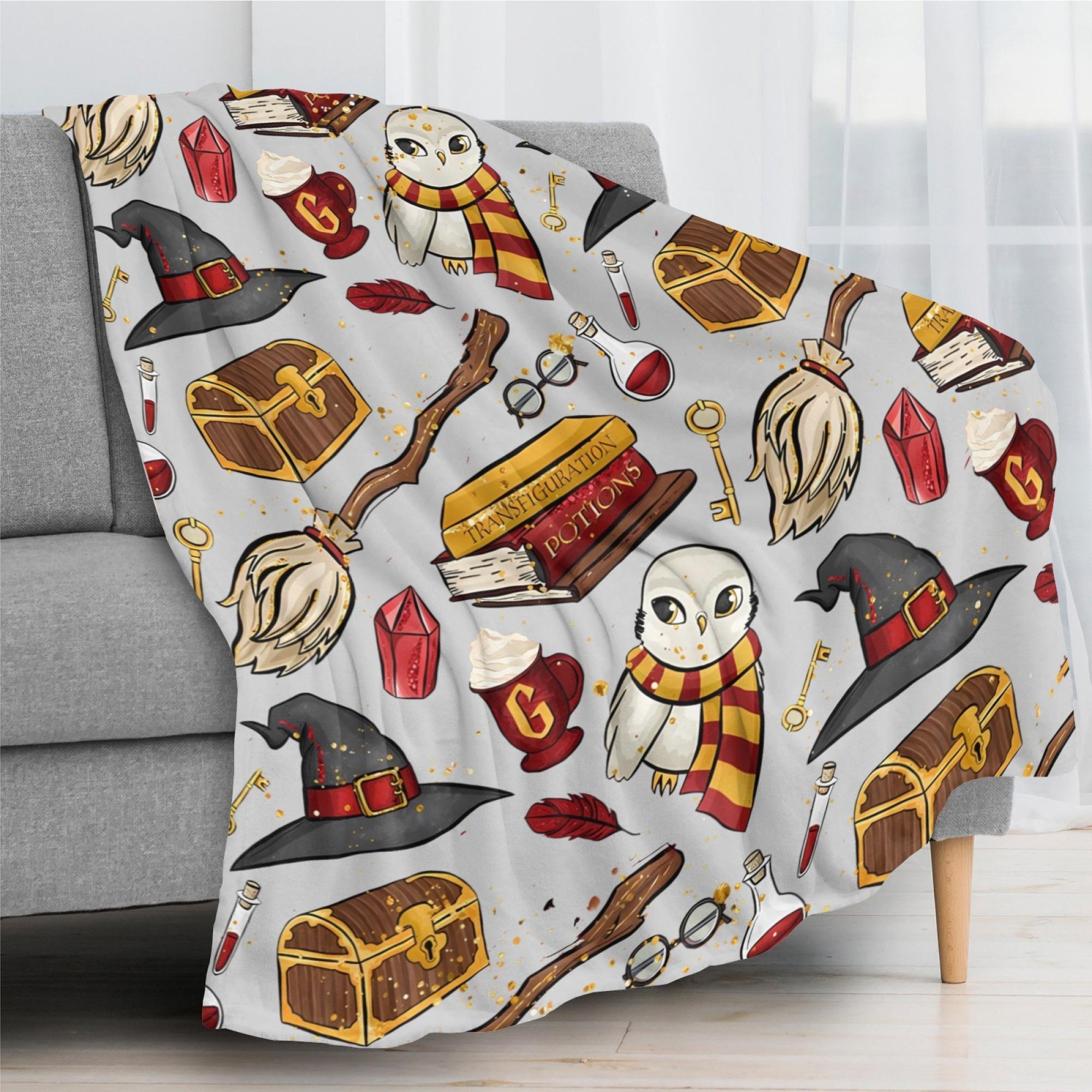 Magical Wizard Items Blanket, Hedwig Owl & Spell Books Flannel Throw, Soft Warm Blanket for Sofa & Bed 30x40 40x50 50x60 60x80inch