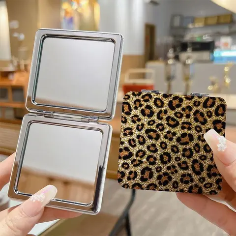 Leopard print portable - double-sided travel cosmetic mirror, square pocket mirror, women's cute aesthetic mirror, ideal gift for travel, birthdays, and holidays, Portable Mirrors
