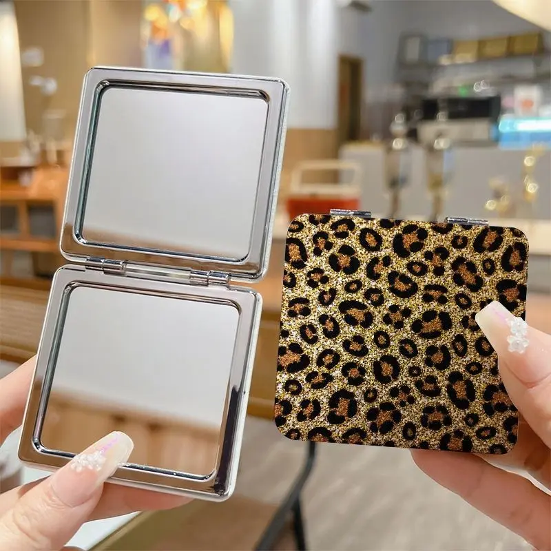 Leopard print portable foldable makeup mirror - double-sided travel cosmetic mirror, square pocket mirror, women's cute aesthetic mirror, ideal gift for travel, birthdays, and holidays