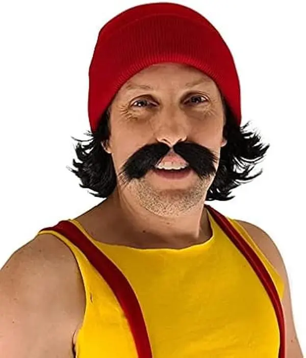 HandinHandCreations Men's Hippie Costume Set - 3-Piece Kit with Wig, Mustache & Knit Beanie for Halloween, Festival, Christmas & Office Parties, Menswear