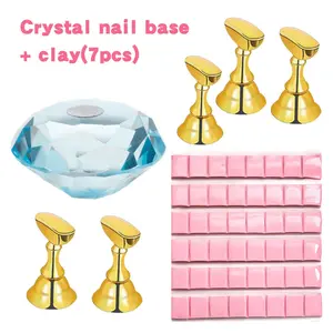 Portable Magnetic Nail Practice Stand Set, Crystal Nail Base with 5Pcs Metal Nail Holders & 48Pcs Reusable Pink Clay Putty, Nail Tip Display Stand for False Nail Art Training & Manicure Salon DIY
