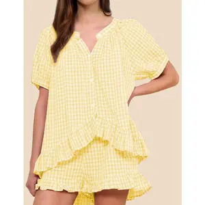 Women's Casual Plaid 2-Piece Set - Short Sleeve Ruffled Blouse & High-Waisted Pants