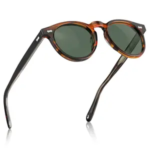 CARFIA Cool Retro Acetate Sunglasses for Men Polarized UV Protection, Keyhole Round Shades with Embossed Pattern Wire Core