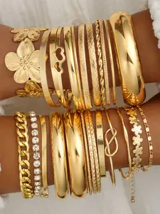 Women's Boho Floral Heart Bangle Bracelet Set, Casual Plain Design, Perfect Gift for Daily Wear & Special Occasions