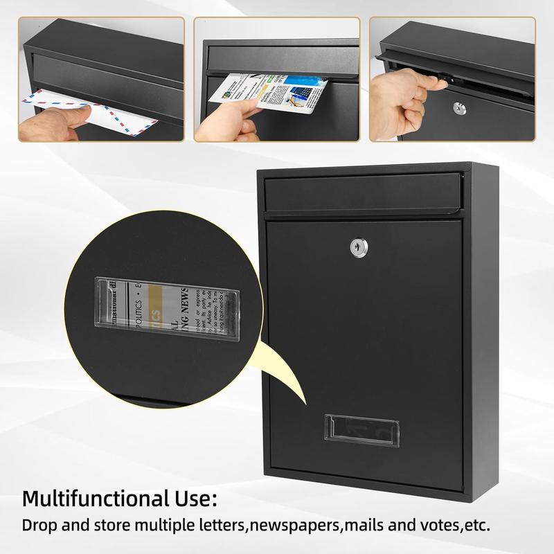 Mailboxes for Outside, Wall Mount Locking Mailbox, Security Mailbox with Lock Key and Three Sets 0-9 Mail Box Numbers, Large Capacity Steel Cover Metal Postbox for Outdoor, 13.8X 10.8X 3.25 Inch Black terrarium garden heavy duty premium zipper door groud