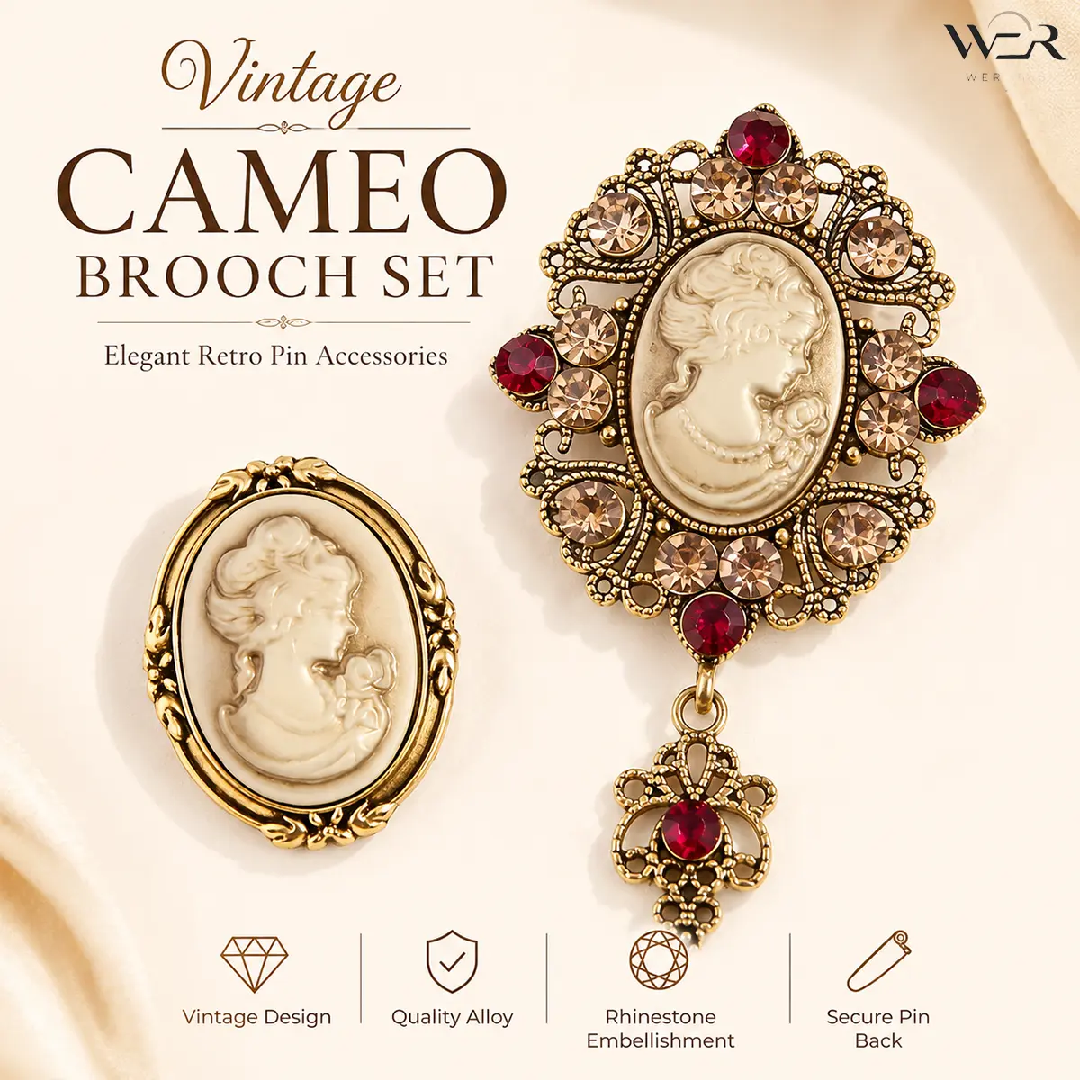 Women's Vintage Gold-Tone Rhinestone-Set Cameo Brooch - Retro Statement Alloy Jewelry for Women, Casual Wear Sparkling Accessory, Gold Aesthetic Gift, Alloy Metal, Classic Cameo Designs, Brooch Set