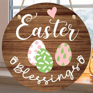 Easter Cute Bunny Egg Wooden Door Decoration, Easter Wall Decor, Spring Front Door Hanging, Indoor Outdoor Holiday Ornament 8x8 Inch
