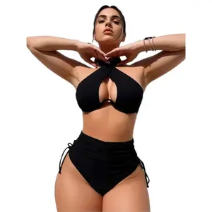 Soft High-Stretch Fabric Ideal for Pool Parties & Beach Reels   2026 Bathing Suits  Halter Cross Bikini Set Black Crisscross Halter Design Ruched High-Waisted Tummy-Control Bottom