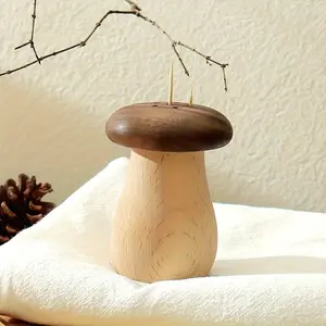 1pc Mushroom-Shaped Toothpick Holder - Natural Wood with Black Walnut Finish, Decorative Toothpick Dispenser for Kitchen & Desktop, Unique Holiday Gifts Desktop Accessory | Playful Design | Smooth Polish