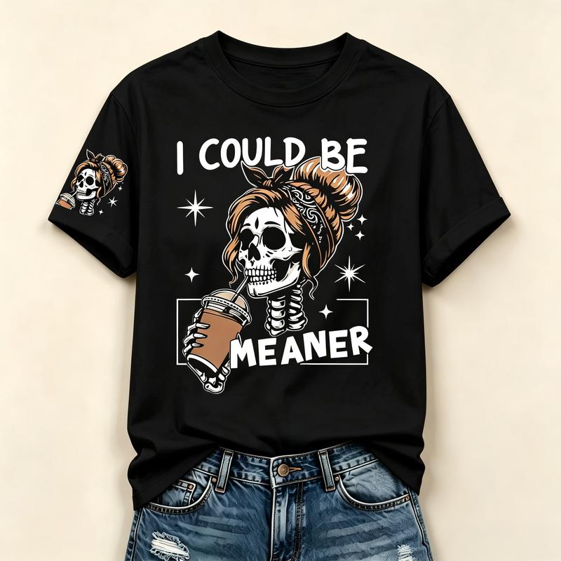 Women's Fitted Short-Sleeve Cotton Crewneck T-Shirt - Quote "I Could Be Meaner", Bandana Skull Coffee Graphic Double Print, Retro Western Sassy Everyday Matching Casual Street Top, Shortsleeve