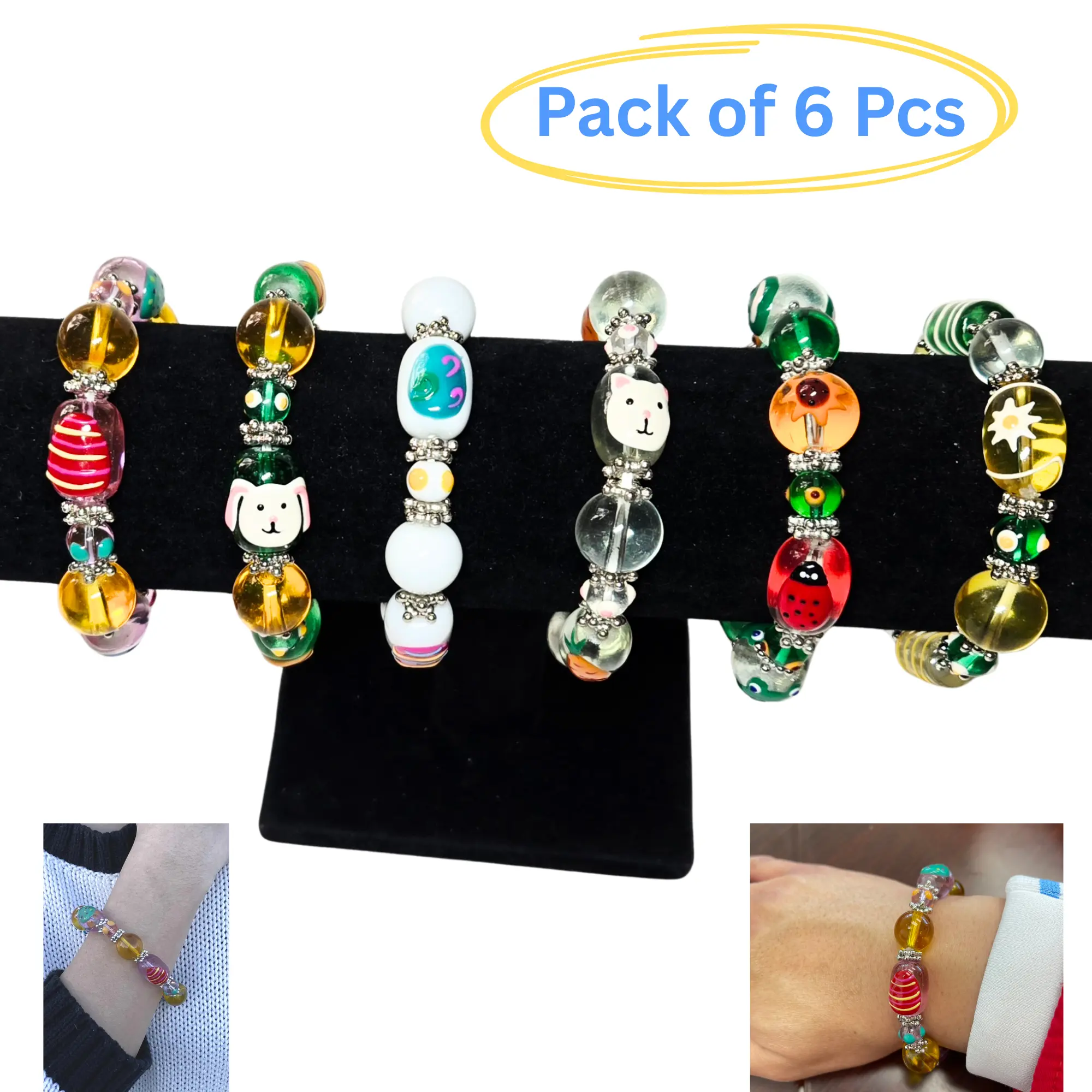 Easter Bracelet for Women, Spring Egg Bunny Ladybug Motif Glass Beaded Stretch Bracelets, Pack of 6 Pcs