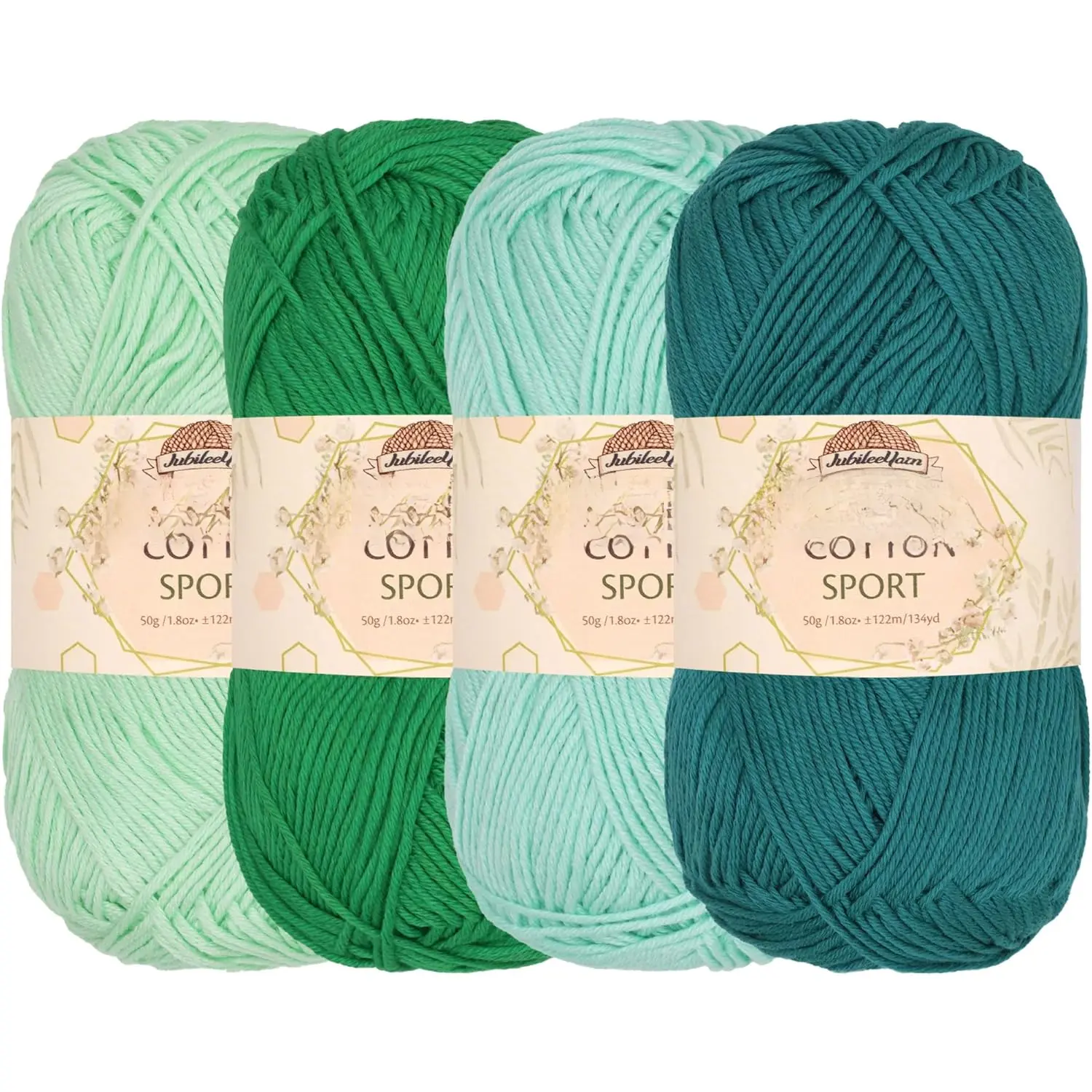 JubileeYarn Lightweight Knitting Cotton Yarn - 50g/Skein - Shades of Green - 4 Skeins