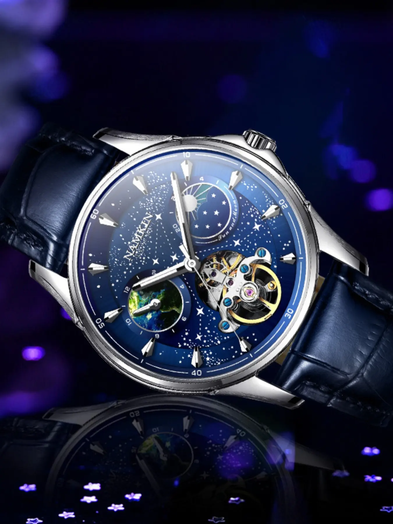Namkin Men's Mechanical Watch, Starry Sky Dial, Earth Moon Phase, Tourbillon Design, Blue Leather Strap, Casual Daily Wear