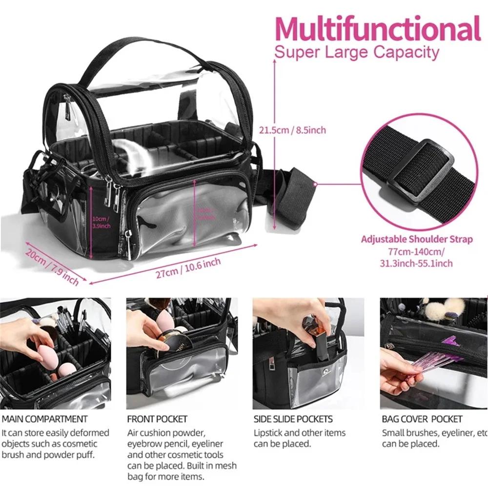 Makeup Brush Bag, Makeup Artist Bag Professional Cosmetic Bag Clear Makeup Bag Large Makeup Train Case Portable Storage Organizer Bag with Adjustable Divide&Shoulder Strap