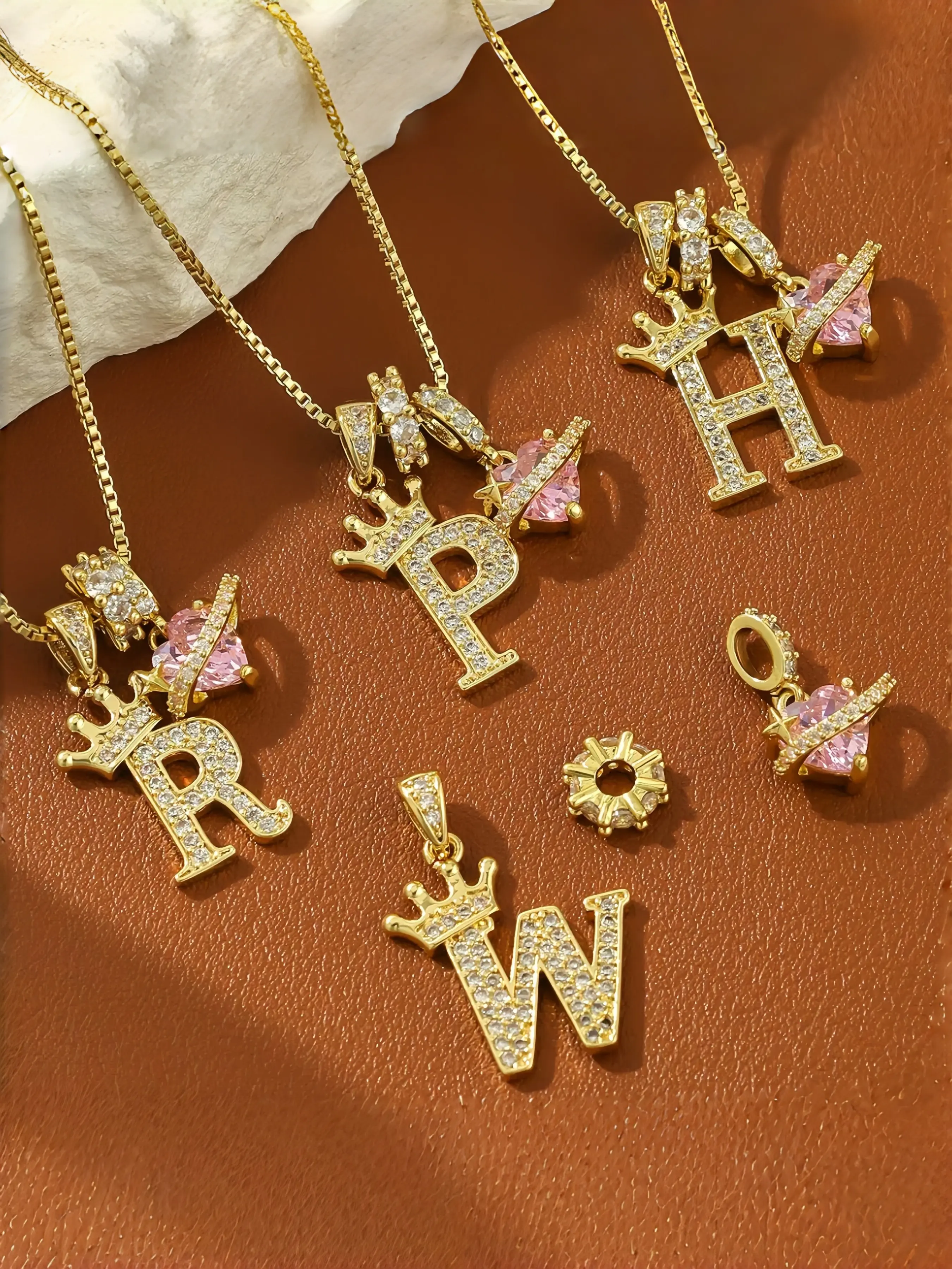 Heart A-Z26 Letter Alphabet Detail Pendant Necklace for Women, Crown Pendant Jewelry Gift, Casual All-Season Accessory, Artificial Zircon Chain