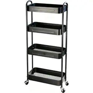4 Tier Slim Storage Cart with Wheels for Laundry Room Between Washer and Dryer, 7.1'' Narrow Rolling Cart with Wheels and Lockable Casters, Metal Thin Standing Shelf for Small Space, Black