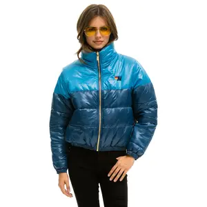 COLOR BLOCK HALF AND HALF APRES PUFFER JACKET - OCEAN GLOSSY