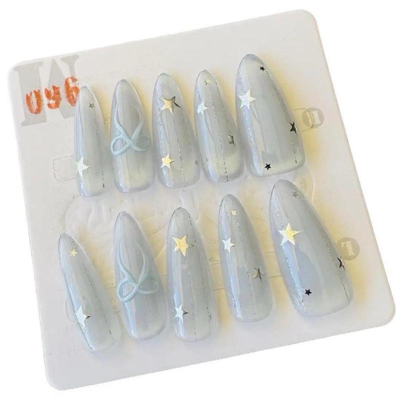Starry Silver Mist Press-On Nails - Almond Shape Pastel Grey-Blue Gradient with 3D Bow & Stars Reusable Salon-Quality Handmade Wedding Nails Glossy Finish 10-Pack