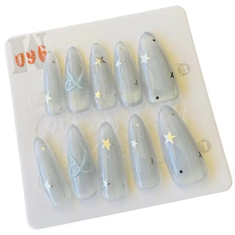 Starry Silver Mist Press-On Nails - Almond Shape Pastel Grey-Blue Gradient with 3D Bow & Stars Reusable Salon-Quality Handmade Wedding Nails Glossy Finish 10-Pack