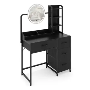 Garvee Small Vanity Desk with Lighted Round Mirror & Power Outlet, Makeup Vanity Table with 4 Fabric Drawers & 3 Shelves, Modern Dressing Table for Bedroom
