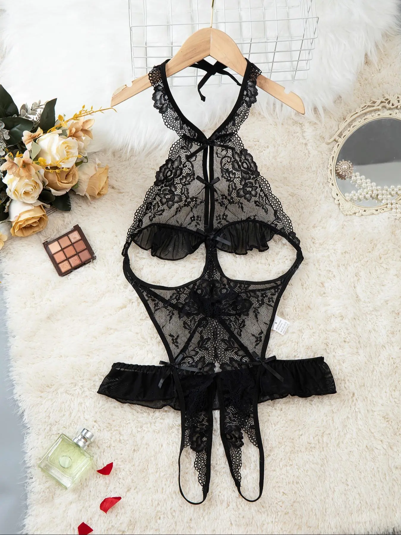 Women's Sexy Deep V Neck Backless Teddy Lingerie Bodysuit, Soft High Stretch Lace Floral Patchwork, Semi-Transparent Shapewear Sleepwear