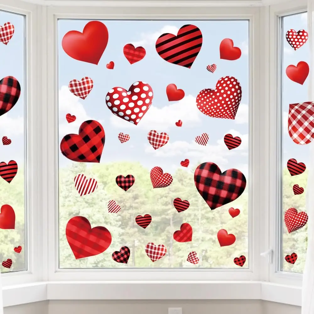 Valentines Day Decorations Window Clings, Resuable Red & Pink Heart Shaped Static Window Stickers for Valentines Day Decor - Valentines Day
