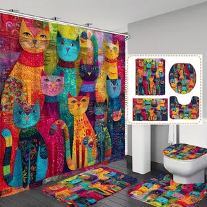 1pc/4pc Colorful Cat Artwork  printed shower curtain, shower curtain set with 12 hooks. The shower curtain set includes a bath mat, U-shaped floor mat, toilet seat cushion, Bathroom Decoration Accessories