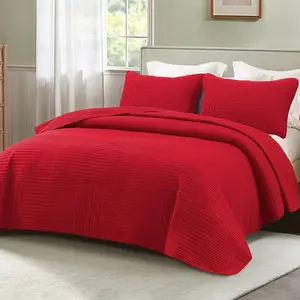 Ultra Soft Queen Quilt Bedding Set, Lightweight Microfiber Red Quilts Bedspreads Full Size, 3 Piece Ultrasonic Geometric Coverlet Bed Cover for All Seasons