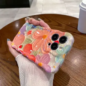 Laser Colorful Retro Oil Painting Flower Pattern For iPhone 16 Pro Max/ 15/ 14/ 13 /12 Cute Curly Wave Frame Exquisite Phone Case for Girls Women, Shockproof  Protective Phone Cover-HKZ05